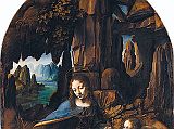 London National Gallery Top 20 05 Leonardo da Vinci - The Virgin Of The Rocks Leonardo da Vinci - The Virgin of the Rocks, 1508, 190 x 120 cm. Placing the Virgin Mary and the Christ child in a rocky cave was quite unconventional and controversial. The Virgin Mary, the Angel Uriel, Christ, and John the Baptist all form a triangle, each person somehow connected to the next. The Virgin Mary has her left hand extended carefully over the head of Christ, while Uriel is gently propping him up. At the same time, she is delicately pointing to John. The plants within the dark cavern symbolize the fertility and life that Mary represents, while the white flowers symbolize her purity. Leonardo's delicate use of colour and sfumato are beautiful examples of his advanced understanding of distance and depth. The artists Milanese clients must have worried about confusing the two infants, for a later hand has given John an identifying scroll and a cross clumsily rooted in one of Leonardos exquisite studies of plants.
